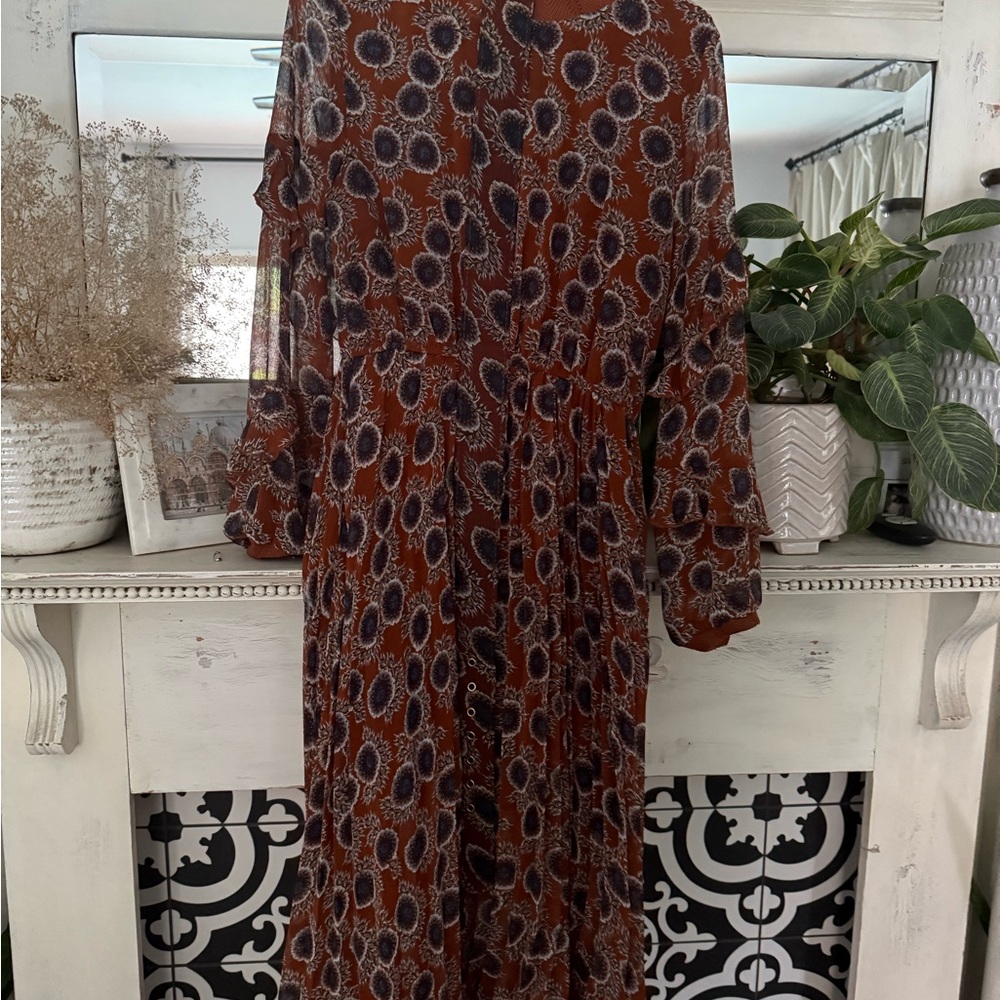 Rust Floral Long Sleeve Midi Dress